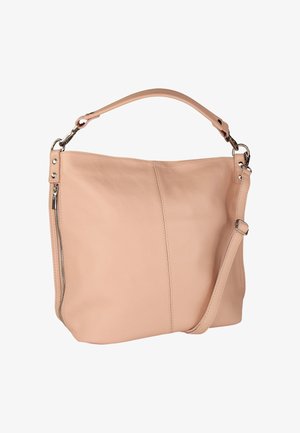 Roze leren handtas met een gestructureerde afwerking, voorzien van een verstelbare schouderriem, ritssluiting en opvallende metalen accenten.