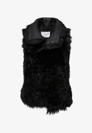 Gilet in pelliccia nera con una finitura morbida e testurizzata e colletto in pelle. Presenta un design semplice senza chiusure visibili.