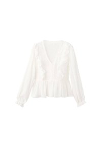 Bluză albă cu decolteu în V, accente volănașe pe față, mâneci lungi cu manșete elastice și talie peplum. Material ușor.