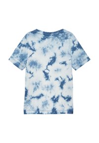 Katoenen tie-dye t-shirt met blauwe en witte kleuren en een random abstract patroon. Korte mouwen en een ronde hals.