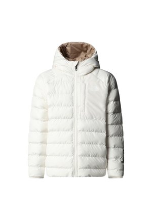 Bela puhasta bunda s kapuco, ima zadrgo spredaj, elastične manšete in majhen prsni žep. Gladek tekstura s horizontalnim prešivanjem.