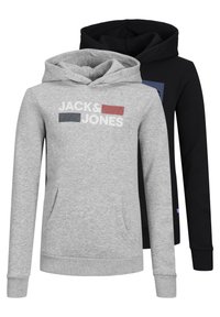 Due felpe con cappuccio, una grigia con il logo "JACK & JONES" e una nera con design a righe. Entrambe hanno i lacci e tasche frontali.