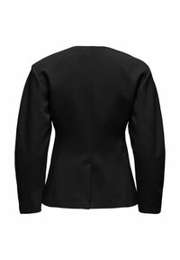 Černý strukturovaný blazer s dlouhými rukávy, hladkým povrchem a čistým zadním švem. Má vypasovaný střih a žádné viditelné kovové prvky.