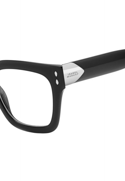 Occhiali da vista rettangolari neri in plastica. Presentano un accento metallico con il nome del marchio e due puntini decorativi sul lato.