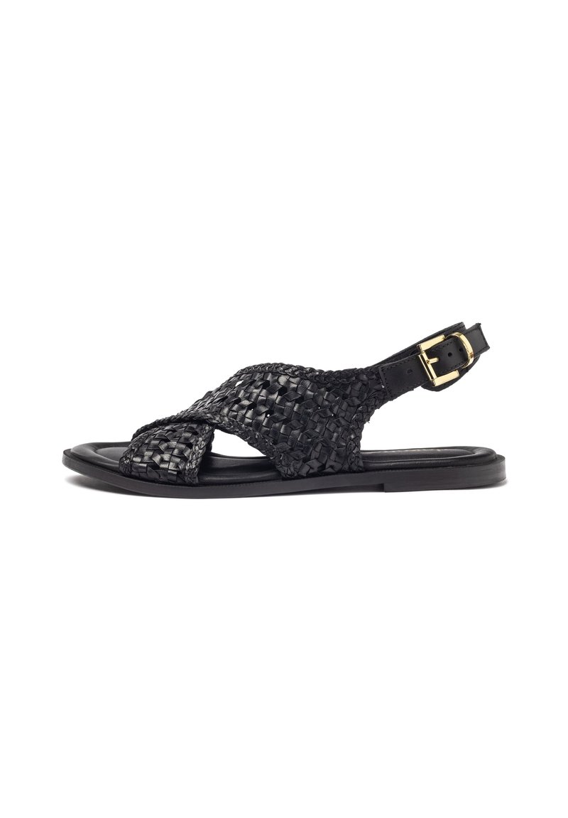 Sandali in pelle intrecciata nera con cinturini intrecciati, cinturino alla caviglia regolabile con fibbia dorata e suola piatta.