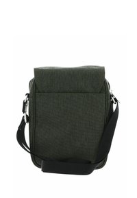 Borsa a tracolla rettangolare in tessuto verde scuro, con patta pieghevole, tracolla nera regolabile e tasca con zip sul retro.