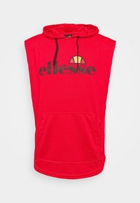 Red sleeveless hoodie made of soft fabric, featuring a front pocket, drawstring hood, and large black "ellesse" logo with a circular design accent.