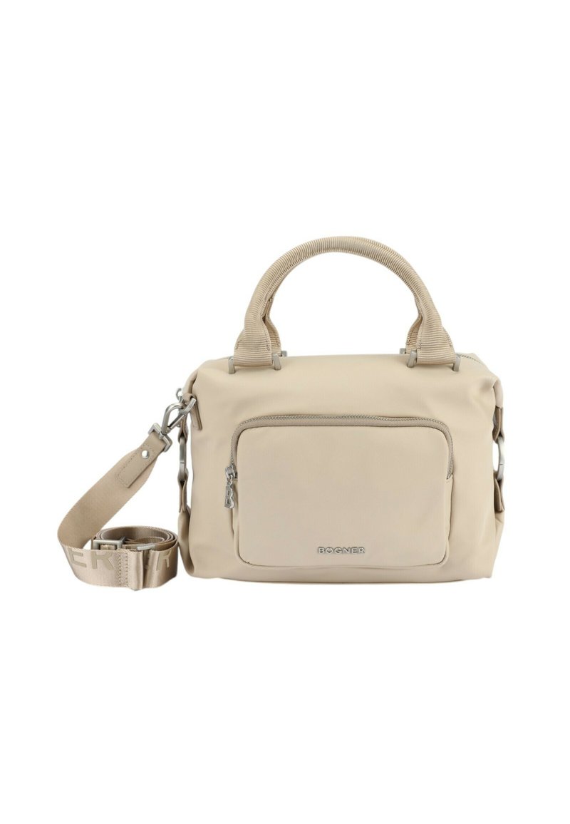 Sac à main beige en matière synthétique lisse, doté d'une poche avant zippée, de deux poignées supérieures et d'une bandoulière réglable.
