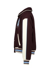 Burgundy varsity jacket with white and light blue striped accents, featuring a letter "A" embroidery and side pockets. Soft fabric texture.
