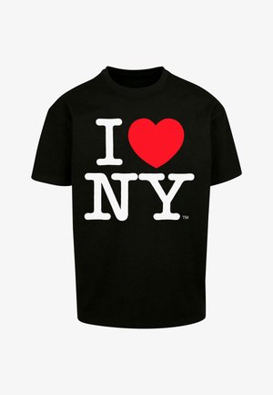Schwarzes Baumwoll-T-Shirt mit großem weißem "I", rotem Herz und weißem "NY"-Grafikdruck. Klassischer Rundhalsausschnitt, kurze Ärmel. Einfach und auffällig.