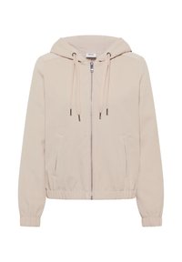 Veste à capuche beige clair avec une fermeture éclair à l'avant, des poignets et un ourlet élastiques ; comprend deux poches latérales et des cordons pour régler la capuche.