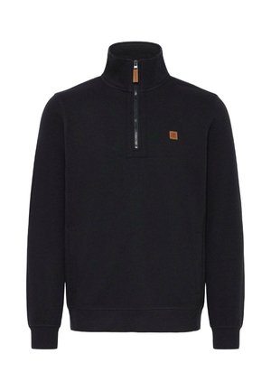 Crni pulover s visokom ovratnikom i polu zatvaračem. Sadrži malu teksturiranu oznaku i rebraste manžete i donji rub. Mekana tkanina.