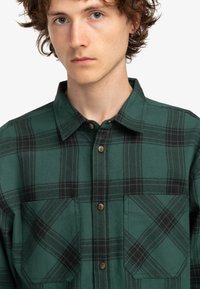 Grønternet flannel skjorte med knaplukning, to brystlommer og brune knapper. Stoffet har en blød tekstur med kontrastfarvede sorte linjer.