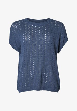 Kék, rövid ujjú, kötött pulóver laza szabással, függőleges lyukakkal díszített textúrával és kerek nyakkivágással.