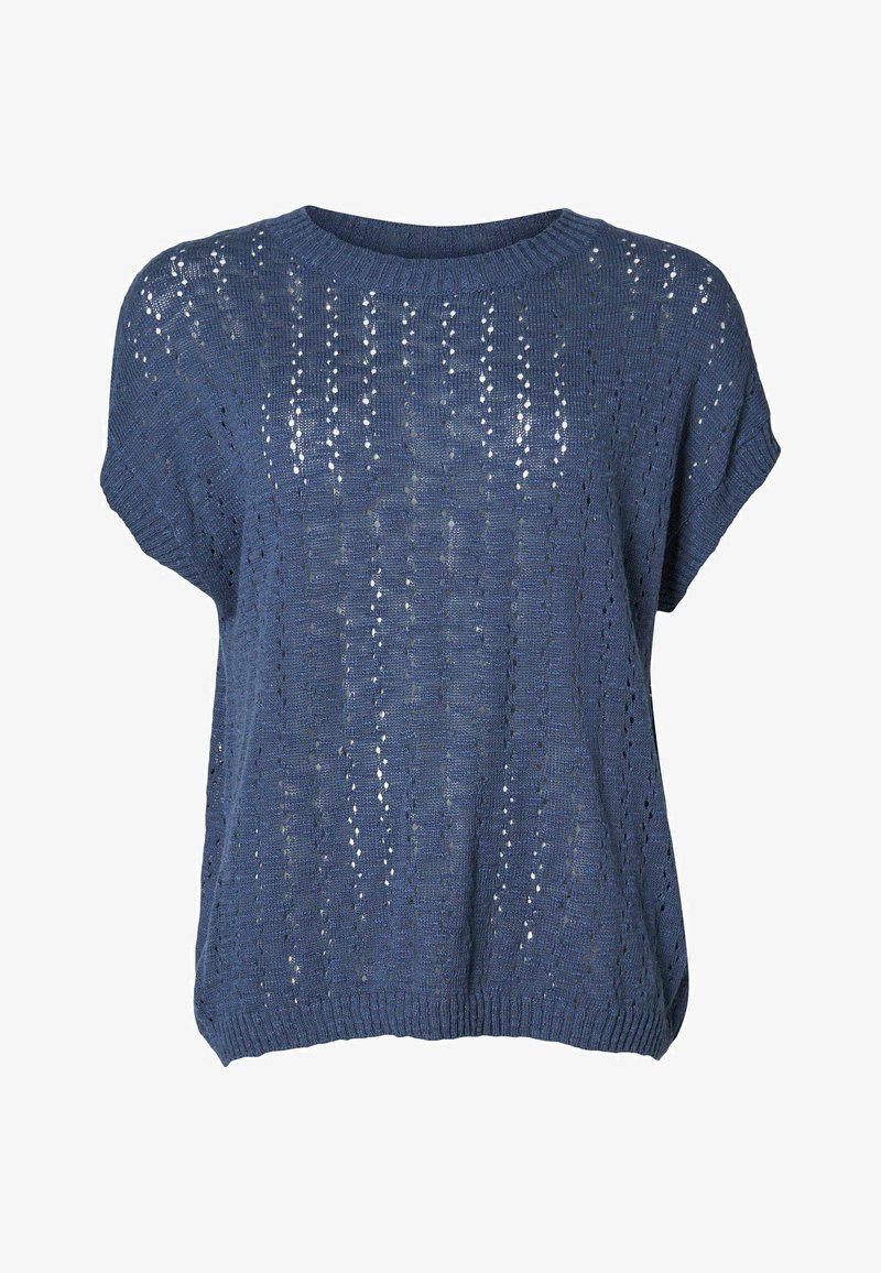 Zils īsām piedurknēm adīts krekls ar brīvu piegriezumu, kuram ir faktūras raksts vertikālā caurumu izkārtojuma un apaļa kakla izgriezuma forma.