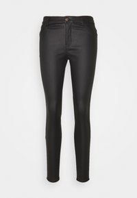 Jeans skinny negros hechos de una tela suave y elástica con un diseño clásico de cinco bolsillos y un cierre de botón metálico. Corte ajustado a lo largo de las piernas.