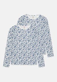 Due magliette a maniche lunghe con uno sfondo bianco decorato da un motivo floreale blu. Collo rotondo e tessuto morbido e leggero.