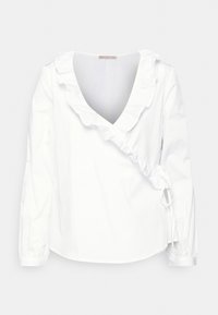 Weiße Bluse mit langen Ärmeln, tiefem V-Ausschnitt und Rüschensaum. Mit gerafft Details an der Seite und elastischen Manschetten. Aus leichtem Stoff gefertigt.