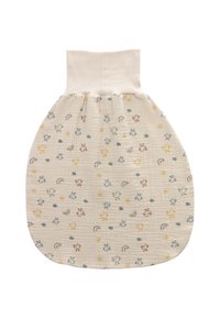Cotton sleep sack in cream with pastel bird and rainbow patterns, rounded bottom, and a fitted top for easy wear. Textured fabric.