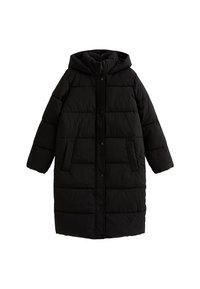 Cappotto lungo imbottito nero con cappuccio, dotato di chiusura a bottoni, due tasche laterali e texture trapuntata.