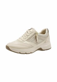 Beige sneaker texturált hálós felsőrésszel és sima szintetikus díszítésekkel. Felszerelve fűzős elülső résszel, oldalsó cipzárral és könnyű talppal.
