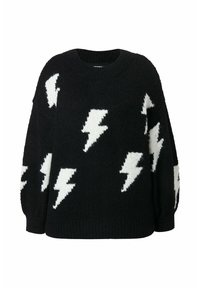 Schwarzer gestrickter Pullover mit weißen Blitzmustern, die über die Vorderseite und die Ärmel verteilt sind, mit einem runden Halsausschnitt und langen Ärmeln.
