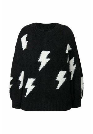 Suéter negro de punto con patrones de rayos blancos dispersos por el frente y las mangas, con cuello redondo y mangas largas.