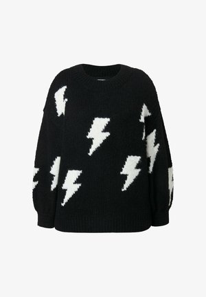 Zwart gebreid trui met witte bliksemschichtpatronen verspreid over de voorkant en mouwen, met een ronde halslijn en lange mouwen.