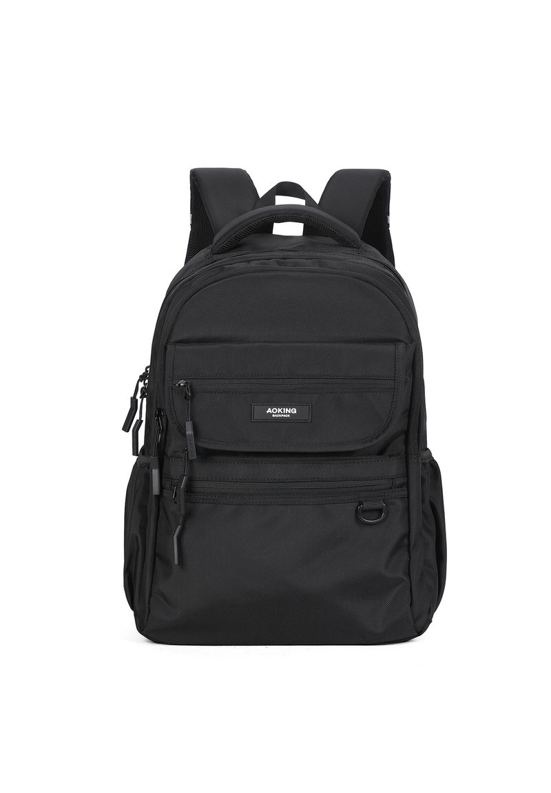 Zaino nero realizzato in tessuto durevole, dotato di più scomparti con zip, spallacci imbottiti e una maniglia superiore per un facile trasporto.