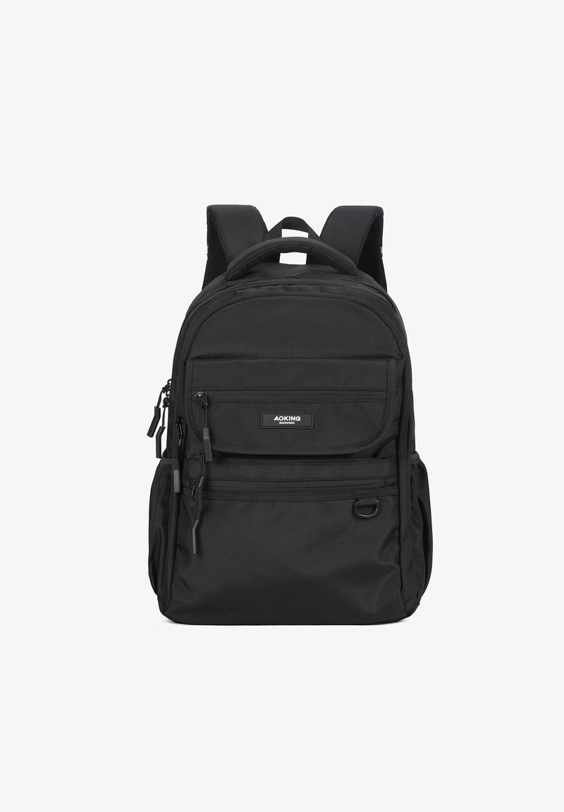 Sac à dos noir en tissu durable, doté de plusieurs compartiments zippés, de bretelles rembourrées et d'une poignée supérieure pour un transport facile.