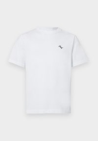 White cotton t-shirt with short sleeves, a crew neckline, and a small black logo on the left chest. Smooth texture and standard fit.