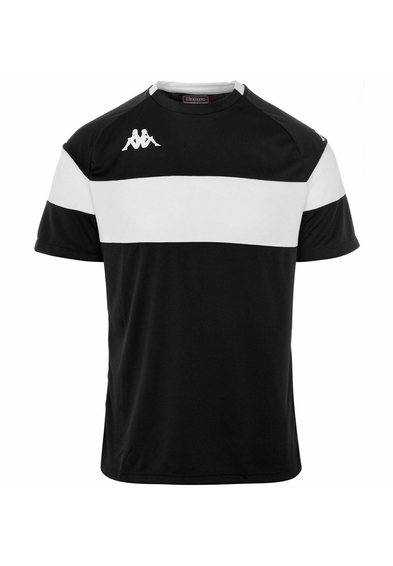 Camiseta deportiva de manga corta en blanco y negro con una franja blanca horizontal, que presenta un logo en el lado izquierdo del pecho y un cuello redondo.