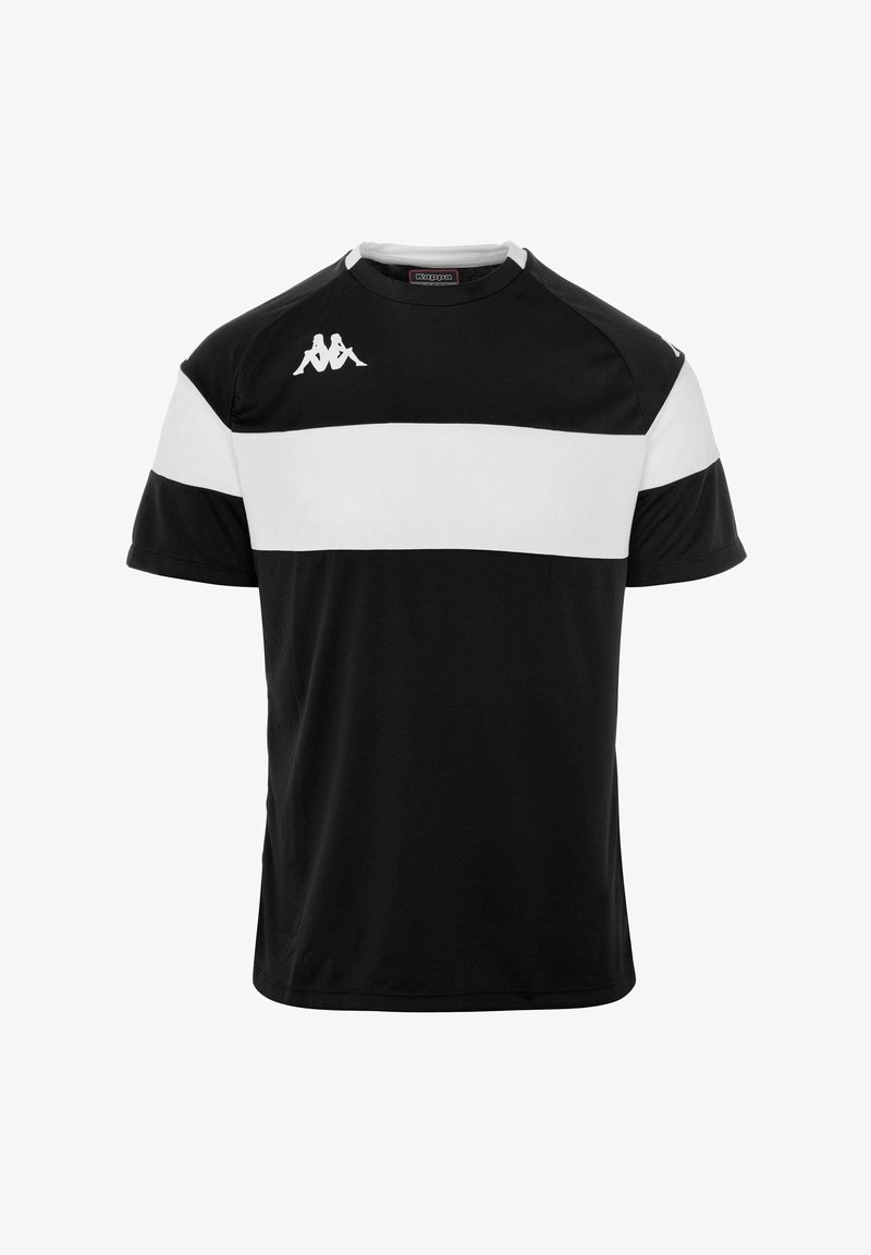 Camiseta deportiva de manga corta en blanco y negro con una franja blanca horizontal, que presenta un logo en el lado izquierdo del pecho y un cuello redondo.
