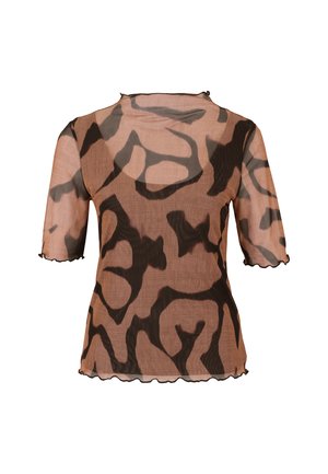 Sheer brown top with black abstract pattern, short sleeves, scalloped edges, and a round neckline. Lightweight material with a soft texture.