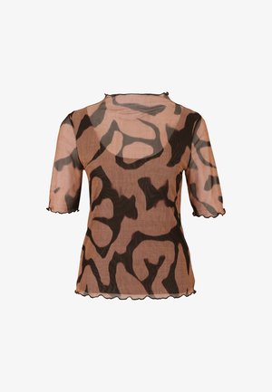 Sheer brown top with black abstract pattern, short sleeves, scalloped edges, and a round neckline. Lightweight material with a soft texture.