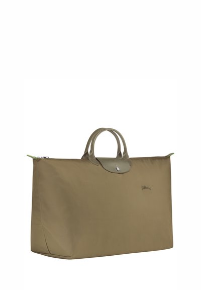 Olive green tote bag made of durable nylon fabric, featuring two textured handles and a snap closure, with a subtle logo detail.