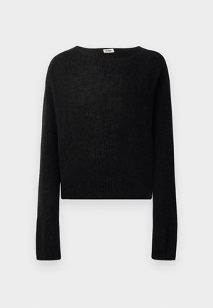 Maglione cropped a maniche lunghe, nero, lavorato a maglia, con collo a giro e una piccola etichetta in tessuto sul collo.