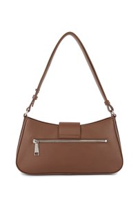 Sac à main en cuir marron avec une forme arrondie, une poche zippée à l'avant et une seule bandoulière. Surface texturée avec une finition lisse.