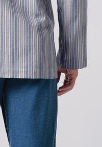 Camicia a righe di un grigio chiaro con tonalità blu e verdi, con maniche lunghe e una vestibilità moderatamente larga, abbinata a pantaloni blu a trama.