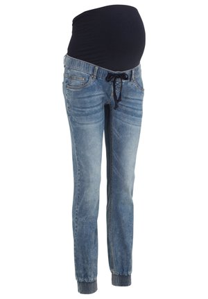 Jeans premaman con una cintura elastica blu scuro, corpo in denim blu chiaro, due tasche frontali e polsini elastici alle caviglie.