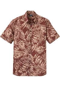 Camicia a maniche corte con bottoni di colore marrone, decorata con una stampa di foglie di palma in beige chiaro. Realizzata in tessuto leggero, presenta un colletto classico e un orlo curvo.