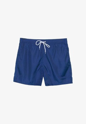 Granatowe szorty kąpielowe z elastycznym pasem i białym sznurkiem do wiązania, zaprojektowane do noszenia na co dzień lub na plażę.
