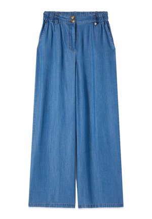 Lysblå denimbukser med vide ben, elastisk talje, to forreste knapper og sidelommer.