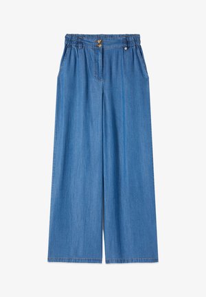 Jasnoniebieskie, szerokie spodnie dżinsowe z elastycznym pasem, dwoma przednimi guzikami i bocznymi kieszeniami.