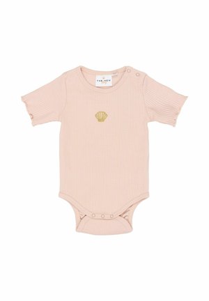 Body de bebeluș roz deschis, cu dungi, mâneci scurte, broderie aurie în formă de scoică la piept și capse la baza body-ului.