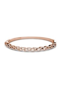 Bracciale in oro rosa con un design intrecciato, accentuato da piccoli cristalli trasparenti lungo le sezioni intrecciate. Texture complessiva liscia.