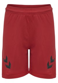 Pantaloni sportivi rossi con una texture liscia, caratterizzati da accenti a zigzag neri sui lati e una vita elastica per il massimo comfort.