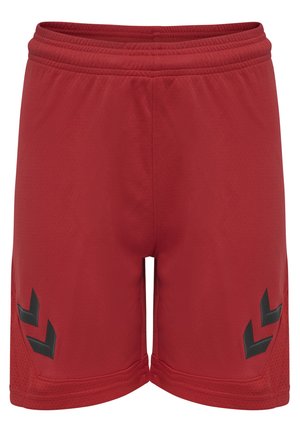 Pantaloni sportivi rossi con una texture liscia, caratterizzati da accenti a zigzag neri sui lati e una vita elastica per il massimo comfort.