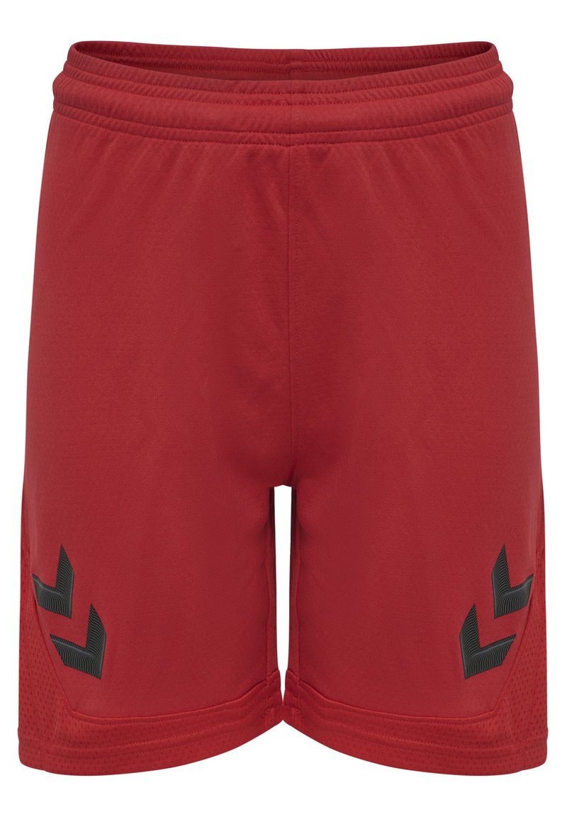 Pantaloni sportivi rossi con una texture liscia, caratterizzati da accenti a zigzag neri sui lati e una vita elastica per il massimo comfort.