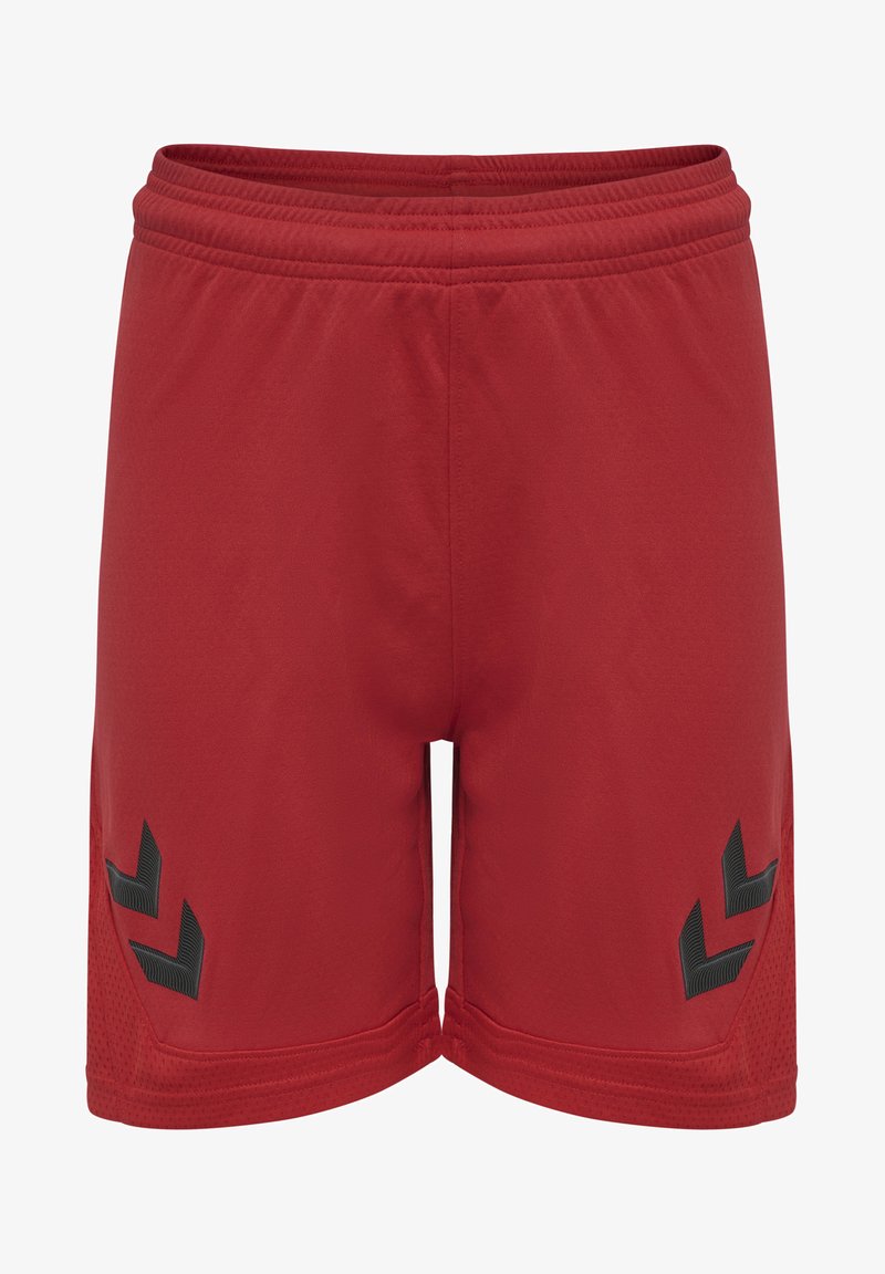 Shorts de sport rouges avec une texture lisse, présentant des accents noirs en chevron sur les côtés et une taille élastique pour le confort.